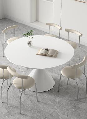 0J奶油风纯白色哑光岩板餐桌旋转伸缩折叠华尔兹餐桌方变圆两用桌