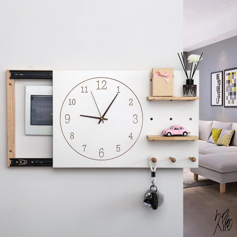 洞洞板遮挡电箱展示遮丑电表时钟配电箱总开关实木挂钩家用风格