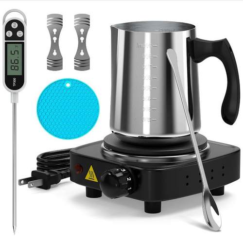 成人蜡烛制作套件带电子热盘含900ml蜡烛倾倒锅,搅拌勺,灯芯支架