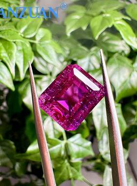 长方倒角祖母绿切工玫瑰紫色人工培育带棉絮蓝宝石裸石