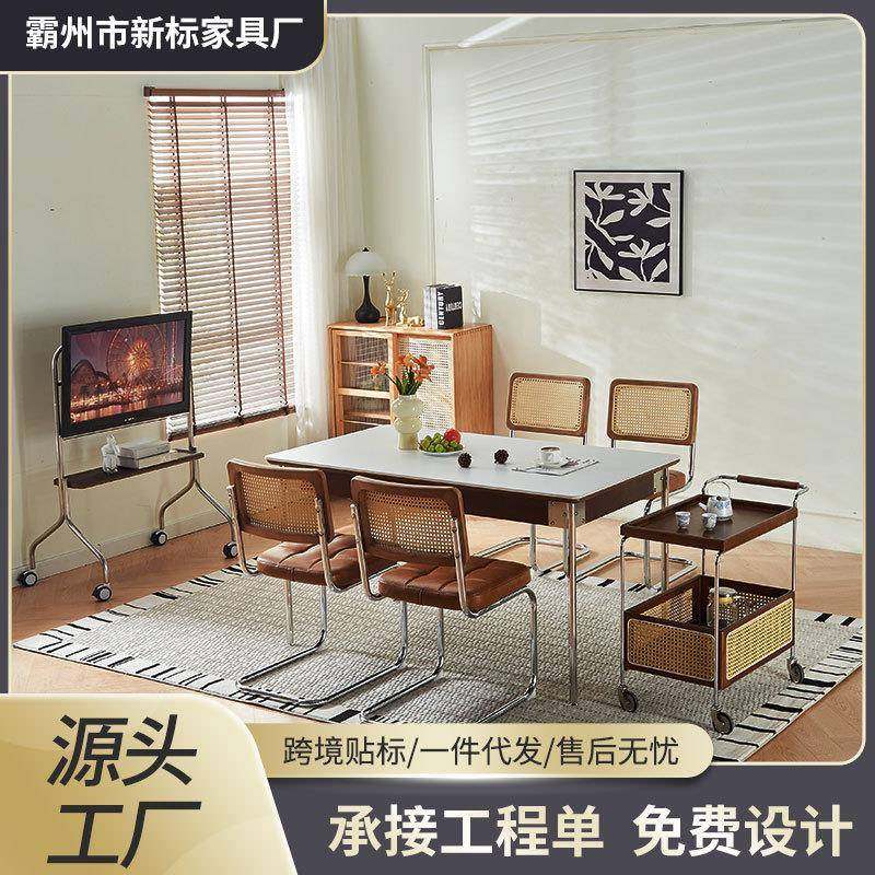 严选餐桌椅子一套轻奢中古风实木岩板餐桌套装餐桌家用高级感