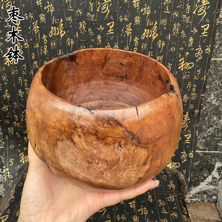 天然枣木中式家居雷击木雕玄关摆件空心朽木实木大钵罄摆件