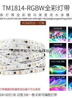 TM1814RGBW四合一白光+暖白幻彩灯带跑马流水编程LED低压全彩灯条