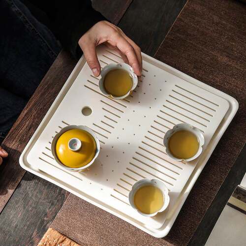 羊脂玉瓷茶盘家用圆形小茶台白瓷储水盘陶瓷茶具干泡盘沥水盘高档