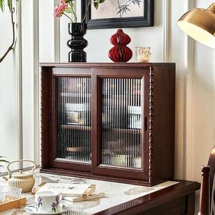 法式复古全实木桌面置物架带玻璃门防尘收纳柜台面核桃木多层杯架