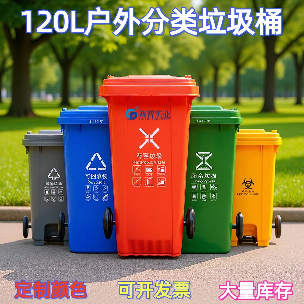 120L升带盖子分类塑料垃圾桶脚踏式户外挂车环卫桶垃圾箱圆桶环保