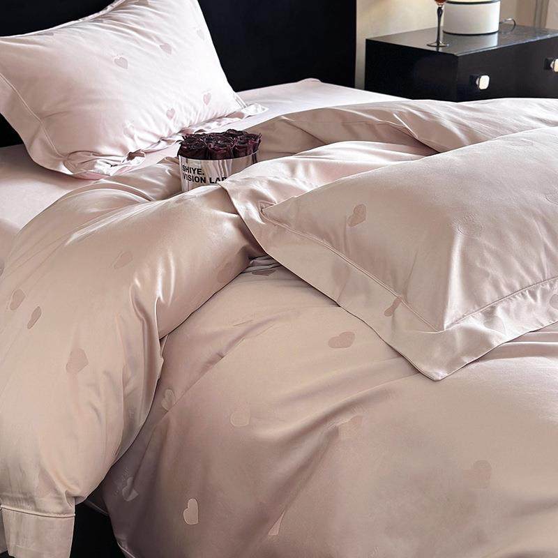 甜蜜爱心100S高支高密全棉四件套少女心甜美粉色大红色提花纯棉