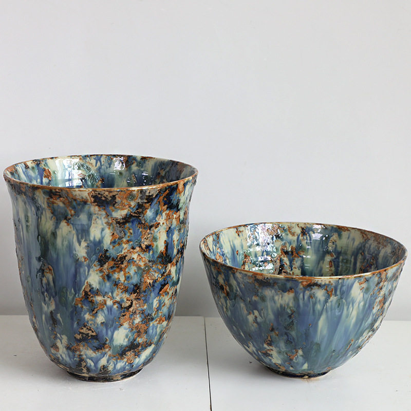 中古芬顿油画风陶瓷花瓶复古斗笠碗大口花盆花器绿植客厅玄关装饰