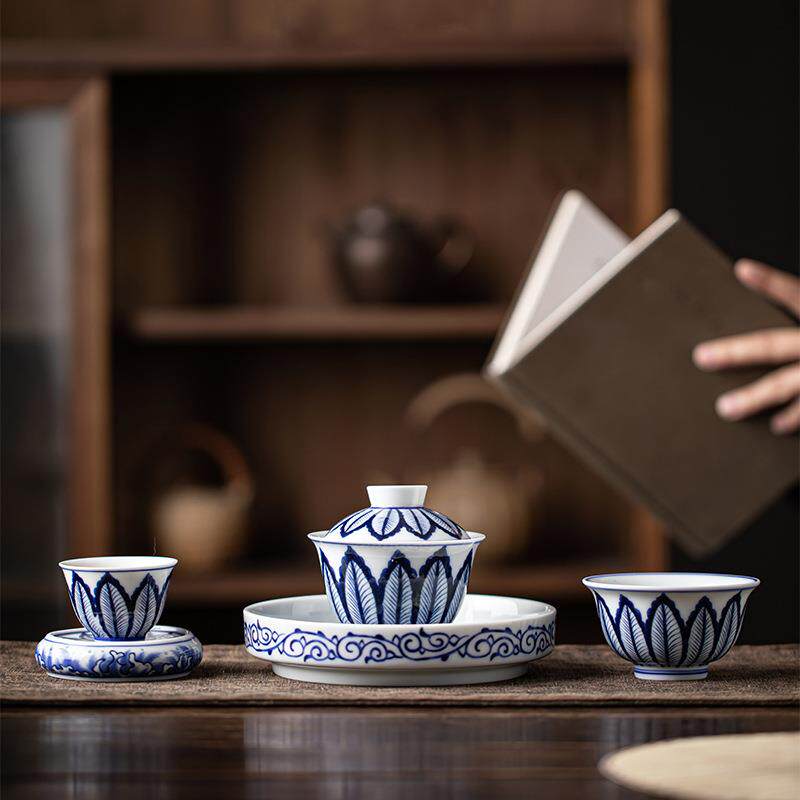 青花陶瓷功夫三才盖碗茶杯茶碗家用品茶杯主人杯盖置壶承五件套装