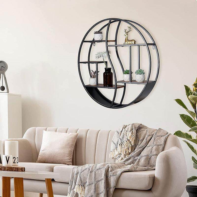 新中式复古客厅壁挂铁艺置物架实木书架隔板墙上圆形展示架金,电子元器件市场,其它元器件,淘宝优惠券,粉丝福利购,淘宝优惠卷