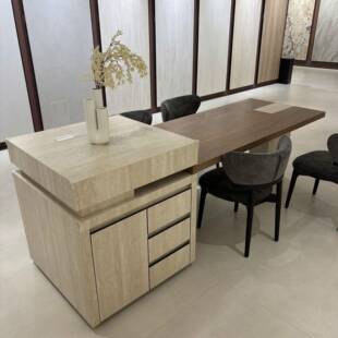 洞石岛台岩板木纹桌面伸缩一体岛台餐台小户型餐桌现代简约款岛台