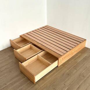 禾有家具现代简约无床头小户型红橡木实木储物抽屉式收纳榻榻米床