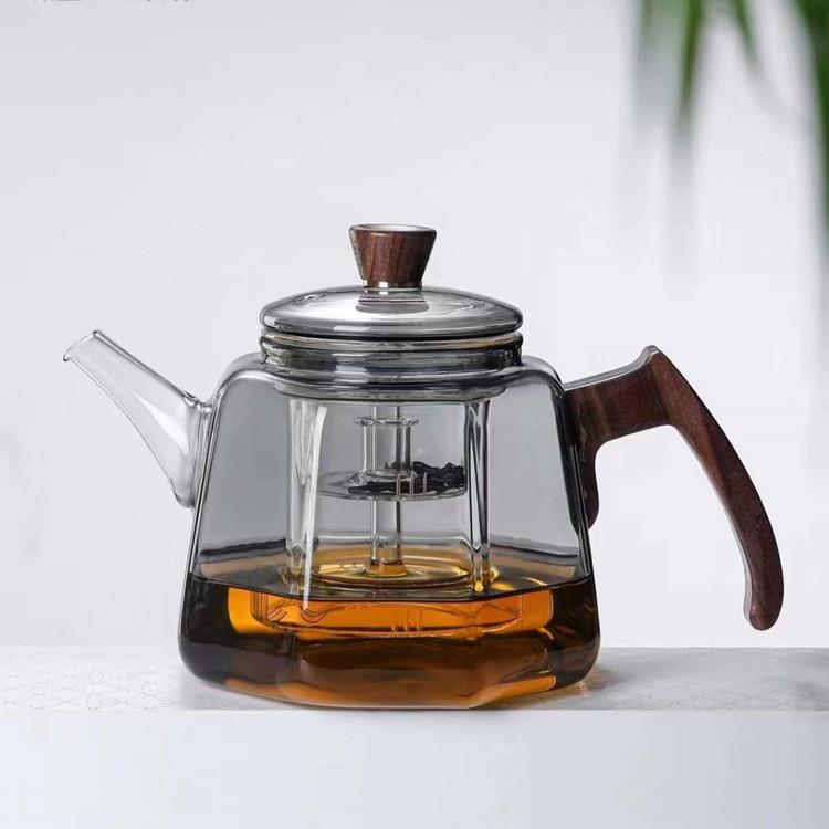 透黑玻璃创意八角泡茶壶电陶炉加热烧水煮茶壶侧木把玻璃带盖茶壶