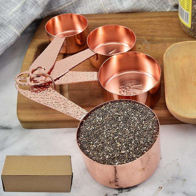 现货 玫瑰金四件套 不锈钢量杯4件套带刻度烘焙 量勺杯量匙用具