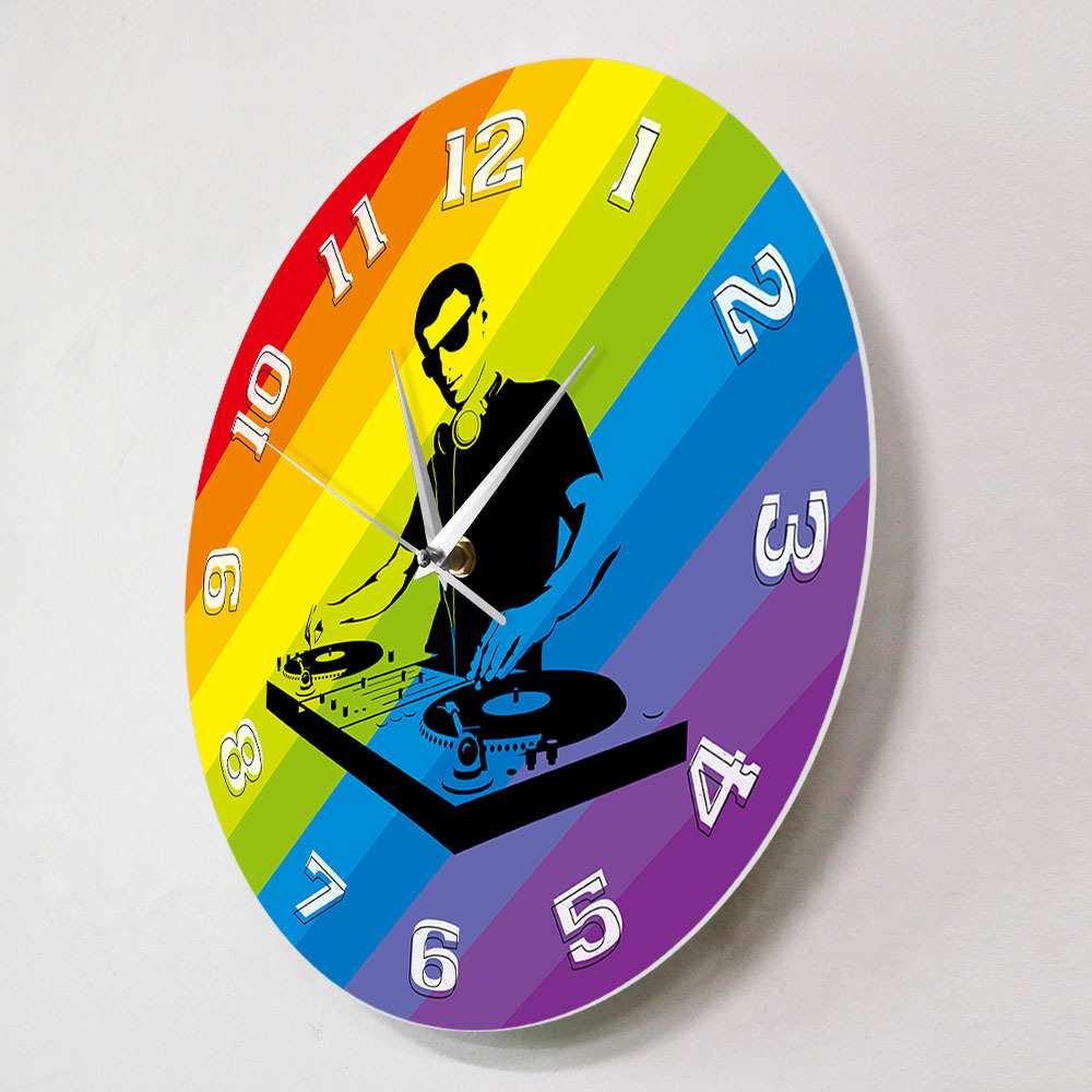 DJ打碟图案挂钟彩色转盘混音时钟家居客厅装饰夜总会音乐墙钟跨境
