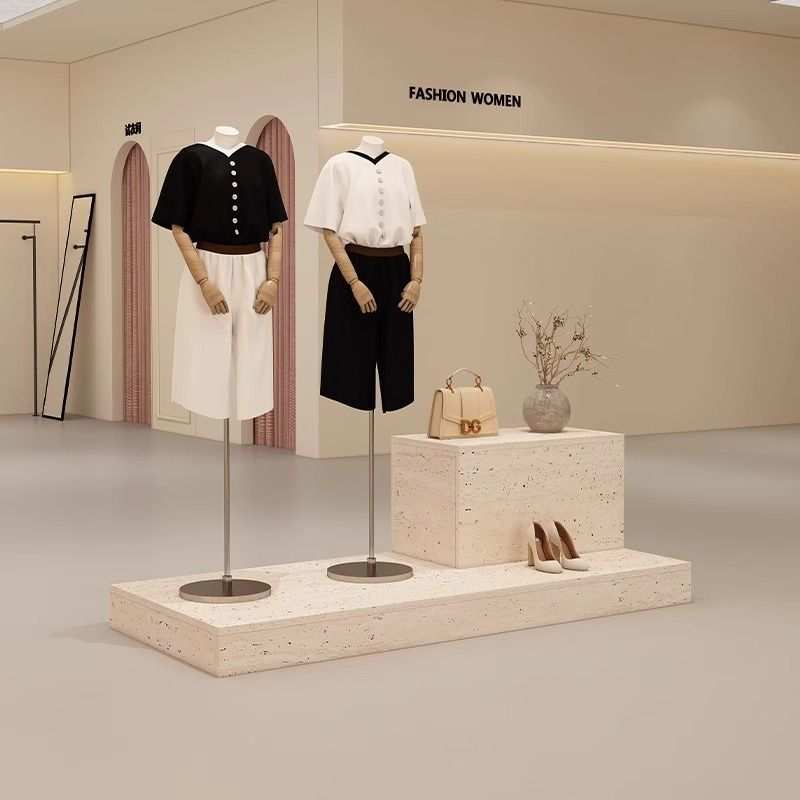 服装店展示柜简约现代中岛台洞石纹女装陈列柜橱窗地台摆放模特