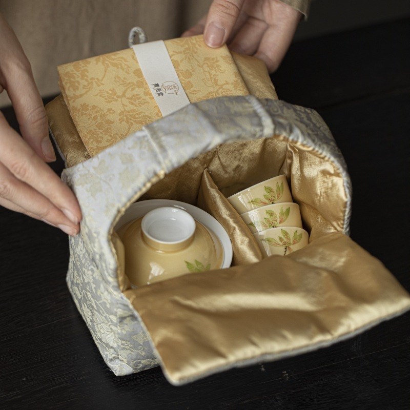 手绘玉兰花快客杯陶瓷旅行茶具套装便携式户外泡茶茶具全套收纳包