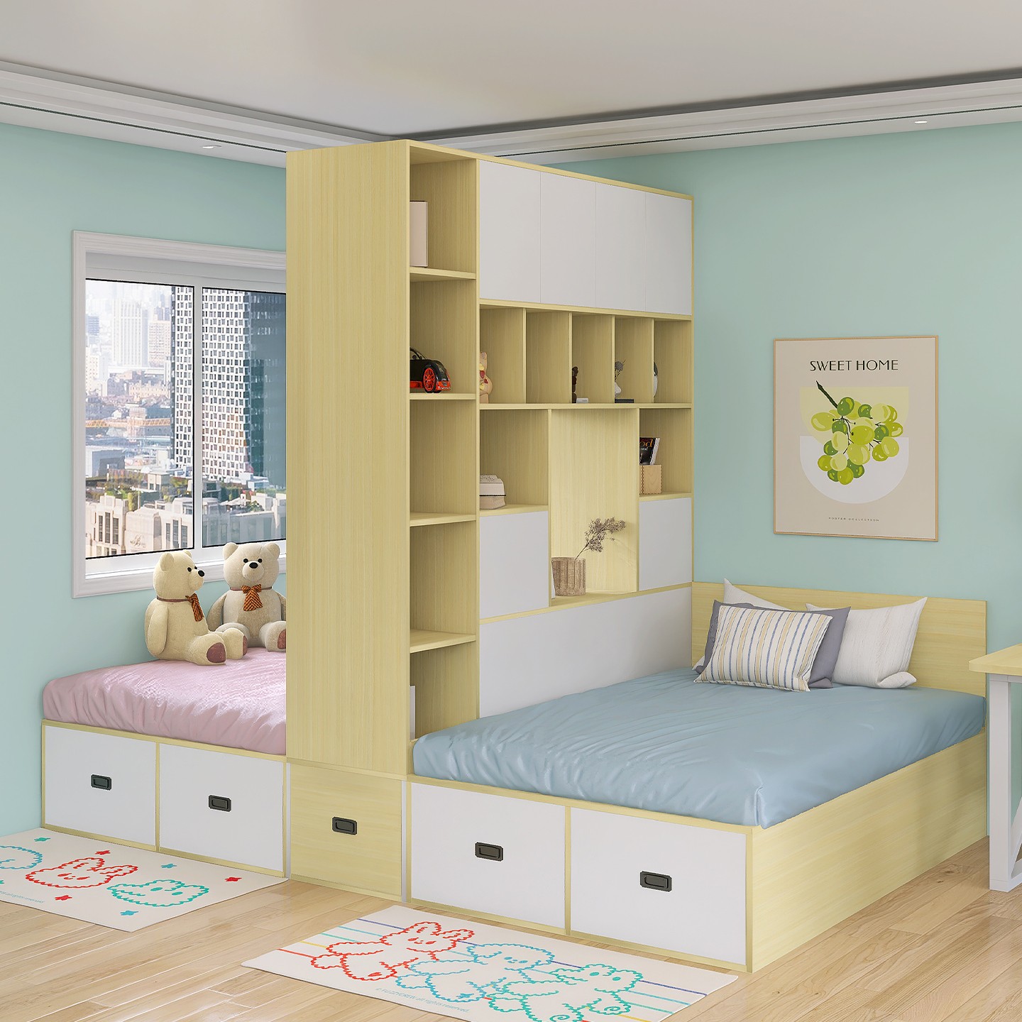 姐弟互不打扰双人床一房变两房隔断床小户型隔断榻榻米储物组合床