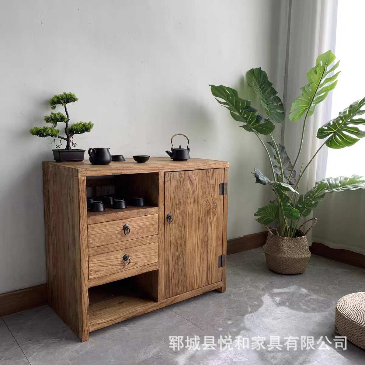 老榆木茶水柜多功能老榆木餐边柜收纳柜复古禅意中式侧边柜泡茶台