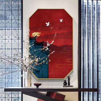 长安盛况新中式玄关装饰画客厅八边形挂画中国风红蓝壁画双联画