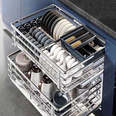 升级版拉篮厨房橱柜304不锈钢双层抽屉式碗架碗碟碗柜厨柜碗篮