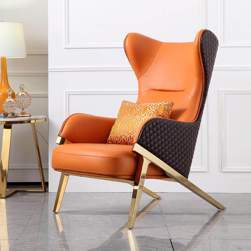 厂家直销轻奢单人沙发椅不锈钢钛金皮艺高背单椅酒店客厅老虎椅