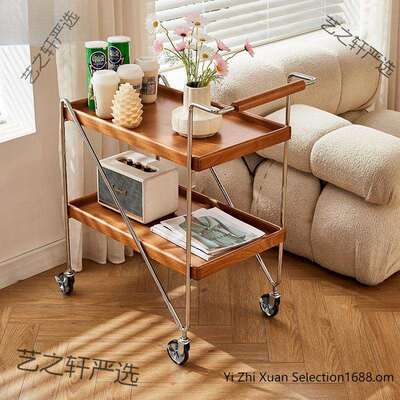 实木边几移动小推车现代简约双层收纳小茶几茶水车小户型中古风