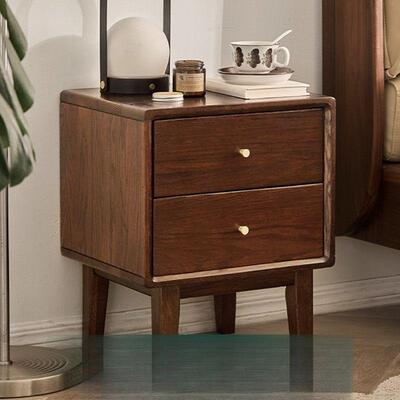 床头柜实木橡木胡桃色床边柜复古风卧室家用储物柜两抽收纳小柜子