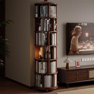 全实木旋转书架360度书柜一体靠墙可移动家用客厅落地转角置物架