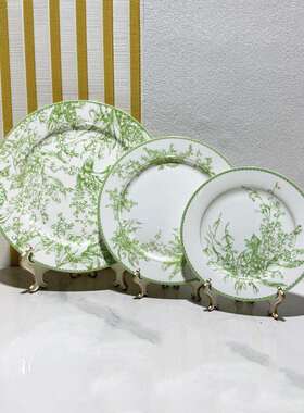 D家骨瓷12寸大盘绿色铃兰系列餐具陶瓷牛排盘西式甜点上菜盘3件套