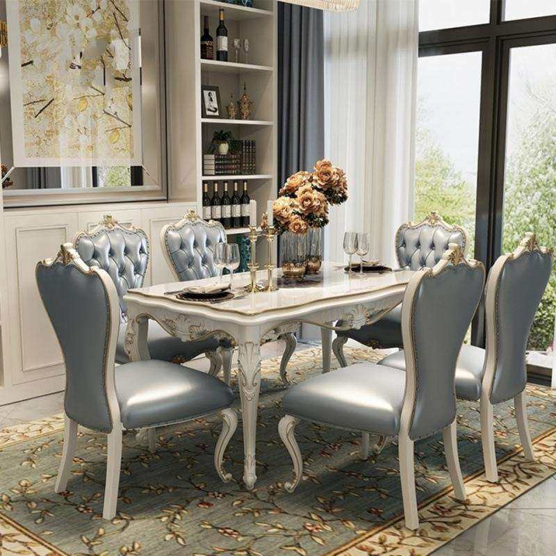 欧式简约餐桌长方形大理石刻餐桌椅组合轻奢美式连体餐桌椅组合