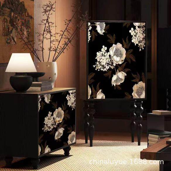 中国风古典实木高脚柜印花玄关柜餐边柜客厅多功能储物柜转装饰柜