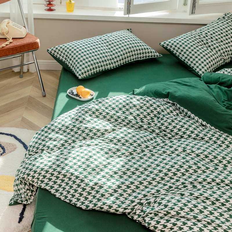 新品天竺棉千鸟格四件套纯棉时尚休闲印花针织4件套厂家 代发