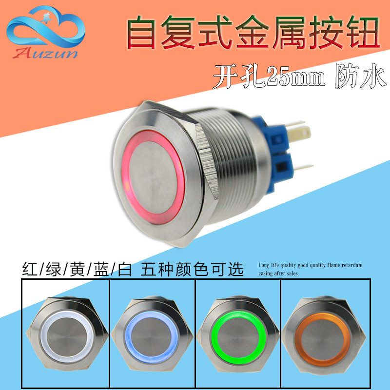 25MM金属按钮开关平头复位开关带灯按钮不锈钢防水12V24V110V220