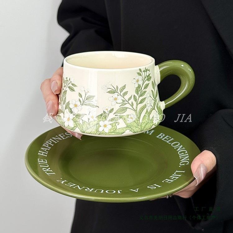 复古美式陶瓷杯碟中古风油画绿铃兰花咖啡杯碟赫本风下午茶马克杯