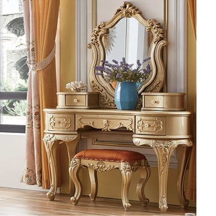 欧式高档梳妆台 实木雕花梳妆桌+妆凳套装 卧室化妆桌子 1.2米桌