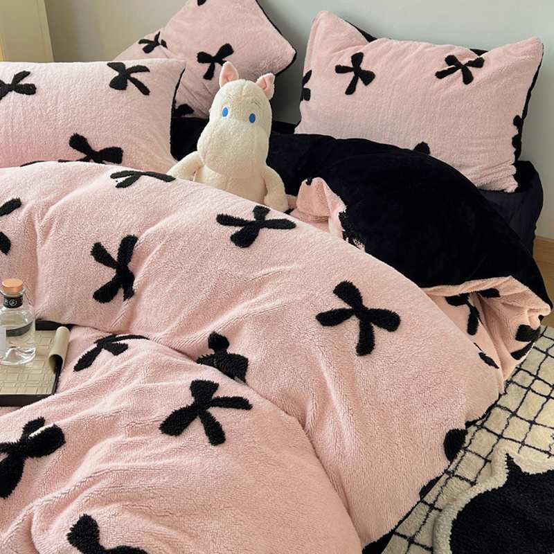 甜酷少女牛奶珊瑚绒床上四件套冬季加厚舒棉绒被套床单床品三件套