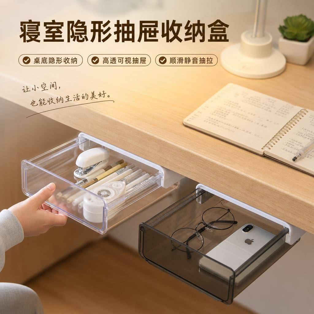 桌下抽屉式收纳盒宿舍工位办公桌子下挂加装大容量杂物整理置物架