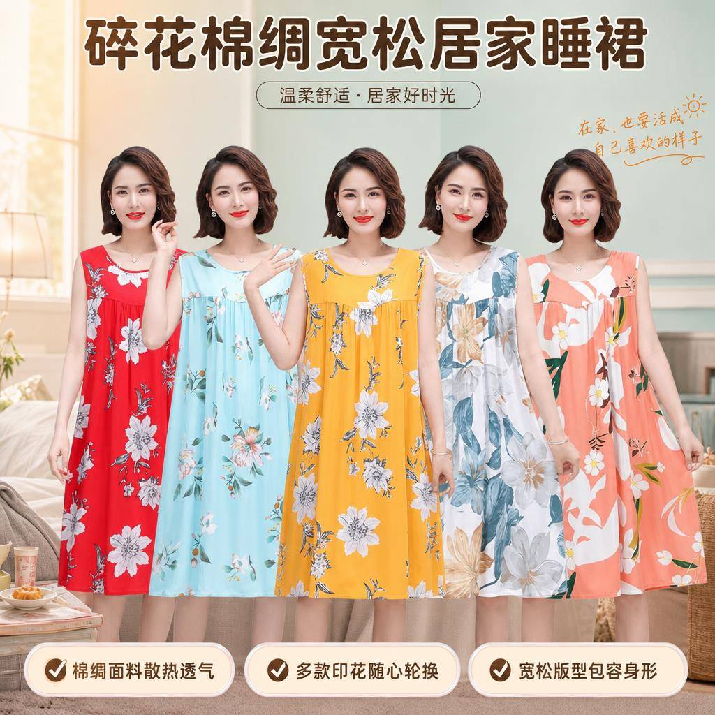 睡裙女夏加大码无袖棉绸中长款人造棉宽松连衣裙中老年睡衣家居服