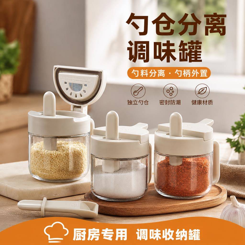带独立勺子玻璃调料盒密封防漏勺仓分离家用厨房盐味精调味储存罐