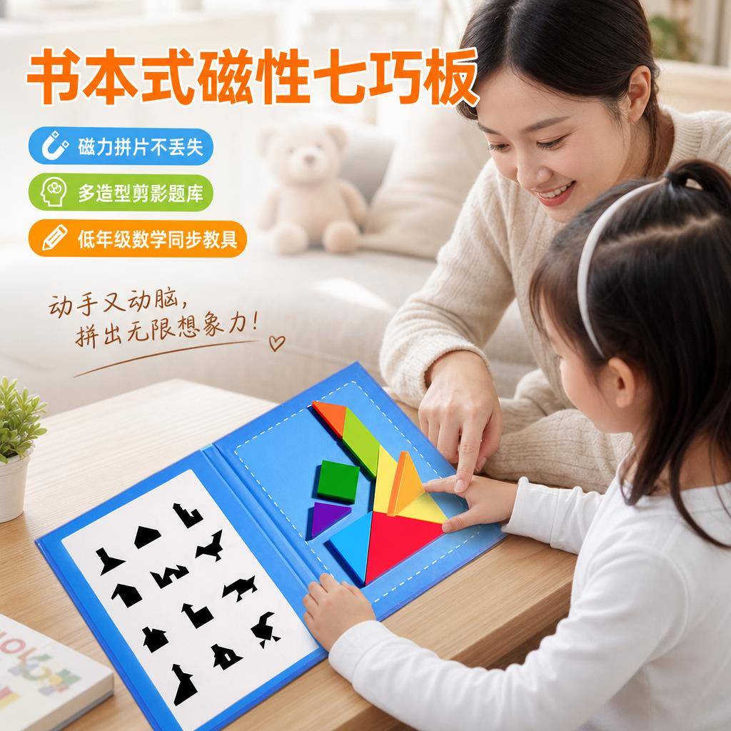 磁力七巧板拼图儿童小学生专用一年级下册数学教具智平面图形立体