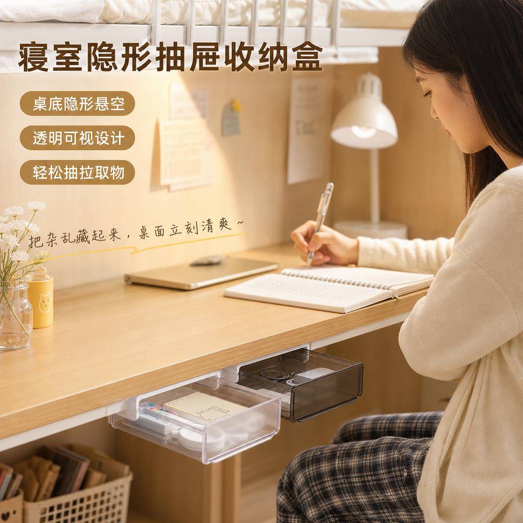 桌下抽屉式收纳盒宿舍工位办公桌子下挂加装大容量杂物整理置物架