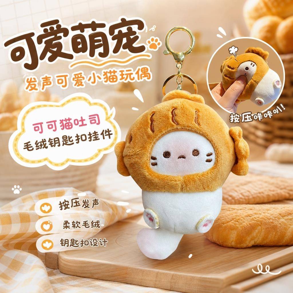 解压发声吐司猫咪挂件软萌可可猫毛绒玩偶送闺蜜礼物背包钥匙挂饰
