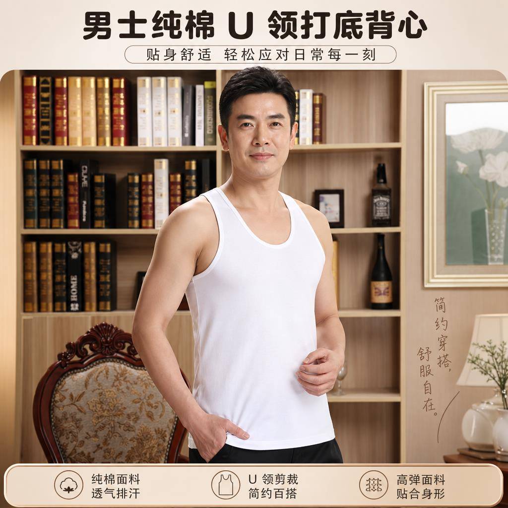 男士纯棉U领背心老头衫中老年夏季打底贴身舒适白色透气排汗简约