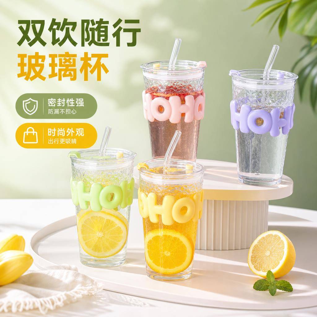 加厚炫彩碎冰吸管杯高颜值ins风家用大容量玻璃水杯冷饮专用杯子