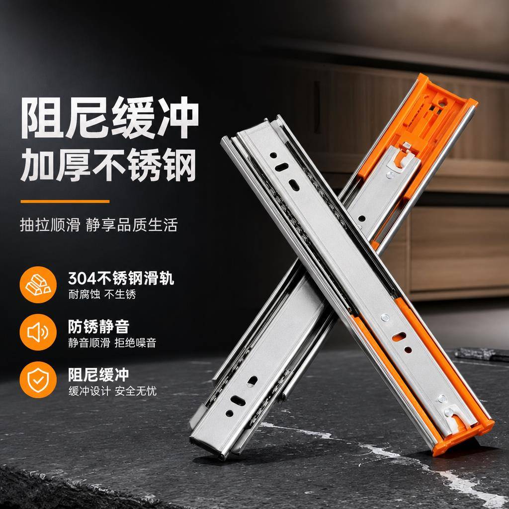 不锈钢滑动滑槽导轨衣柜滑道三节抽屉轨道阻尼缓冲静音滑轨加厚