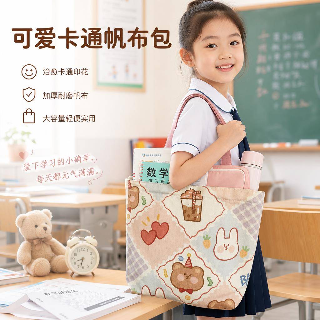 新款可爱卡通帆布包补习袋便当包小号手提包袋女包手拎包帆布小包