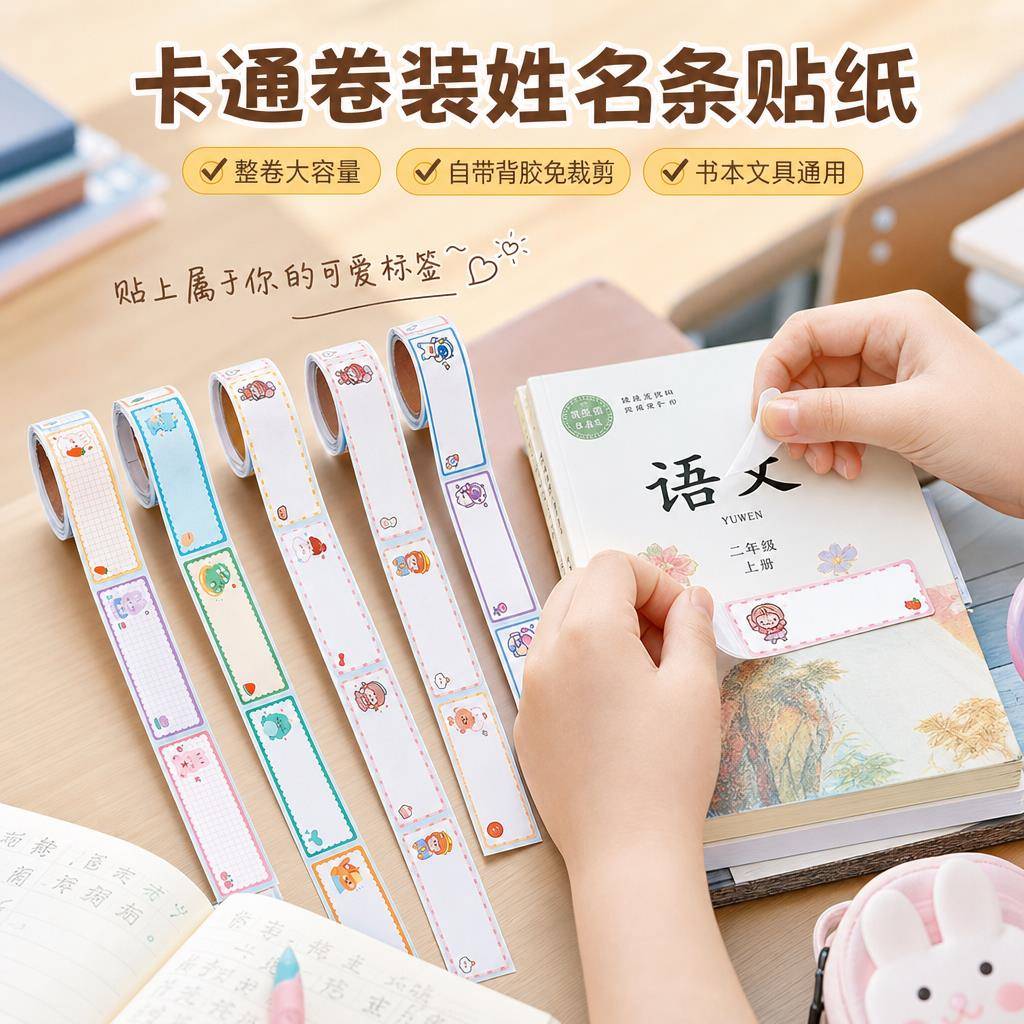 彩色卡通姓名贴纸儿童手写空白标签水杯名字贴纸幼儿园宝宝防水记号签名贴画一年级小学生自粘姓名班级贴口取