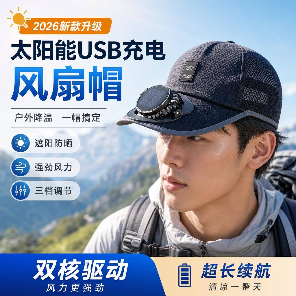 太阳能风扇遮阳帽男女可充电防晒凉帽登山钓鱼透气带风扇鸭舌帽