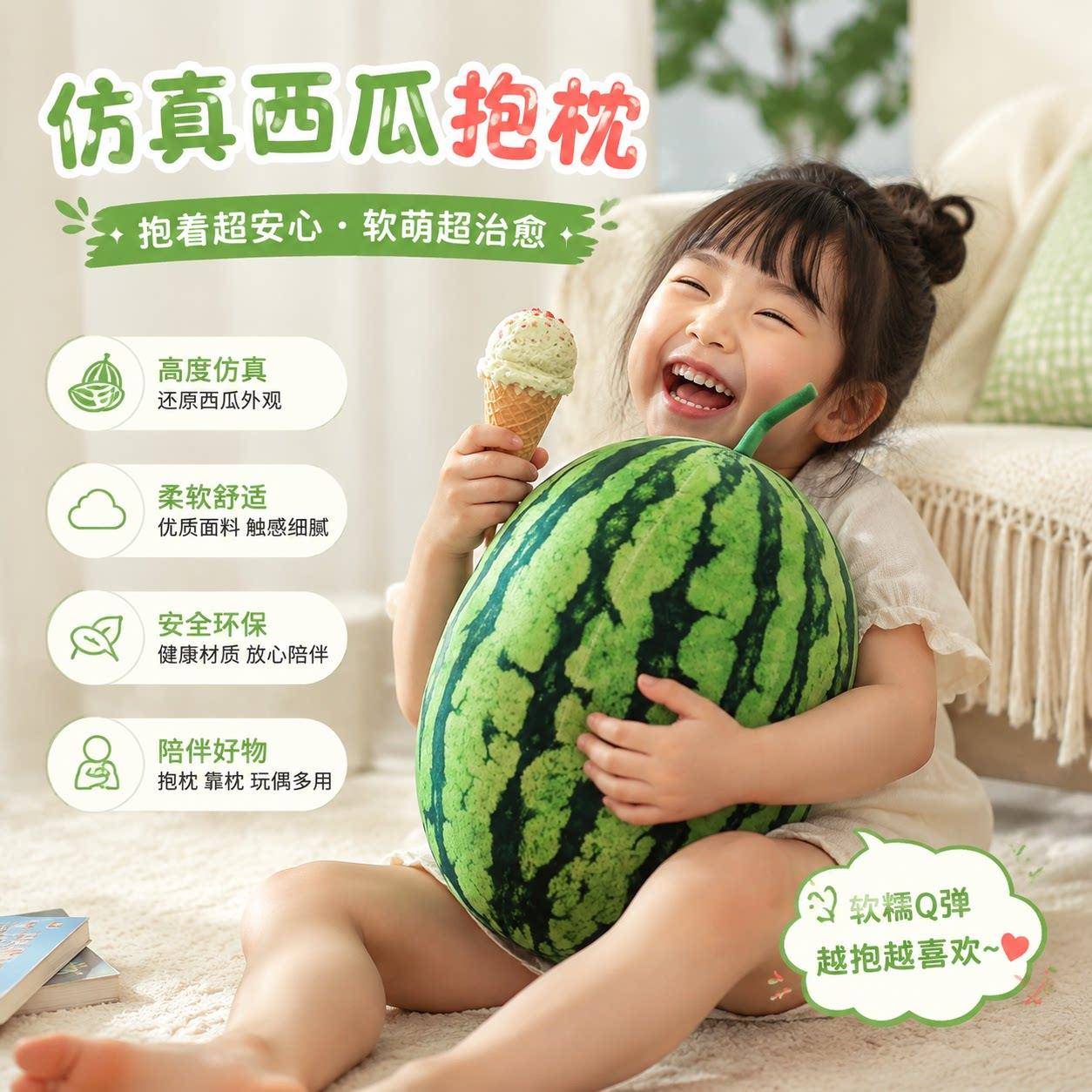 创意仿真西瓜抱枕毛绒玩具水果模型摆件公仔午睡玩偶娃娃创意礼物
